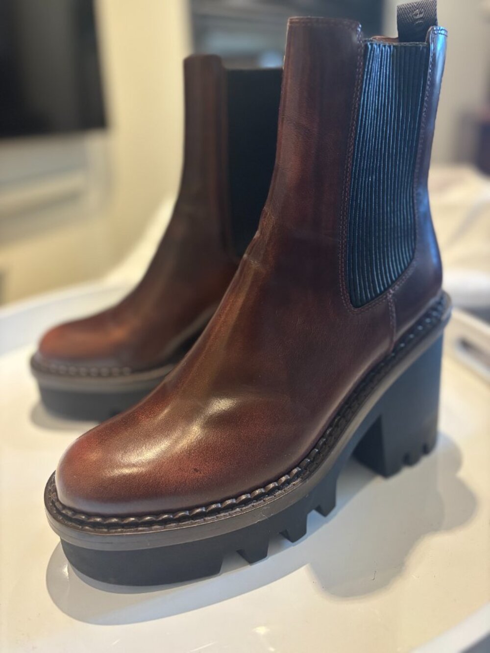 Chloe Brown Leather Chelsea Platform Boots - Size 40EU